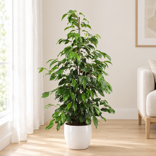 Ficus benjamina Danielle in een glanzend witte keramische sierpot op een lichte eikenhouten vloer