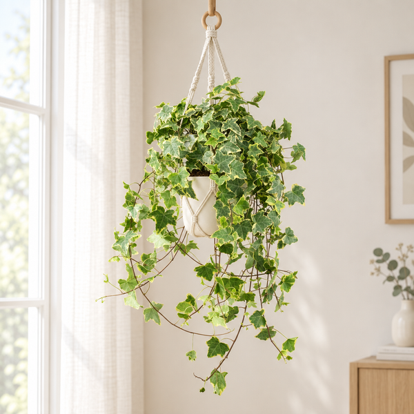Hedera Helix Gold Child in een crèmewitte hangpot met macramé houder bij het raam