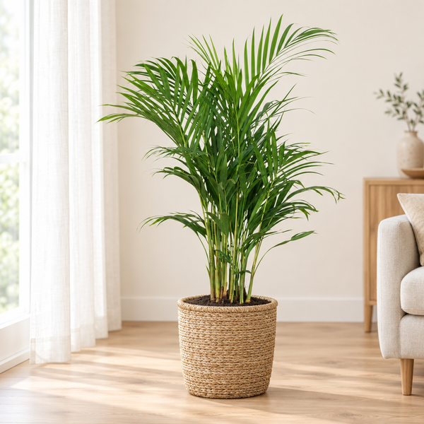 Dypsis Lutescens in een naturel zeegras mand op een lichte eikenhouten vloer in een lichte woonkamer
