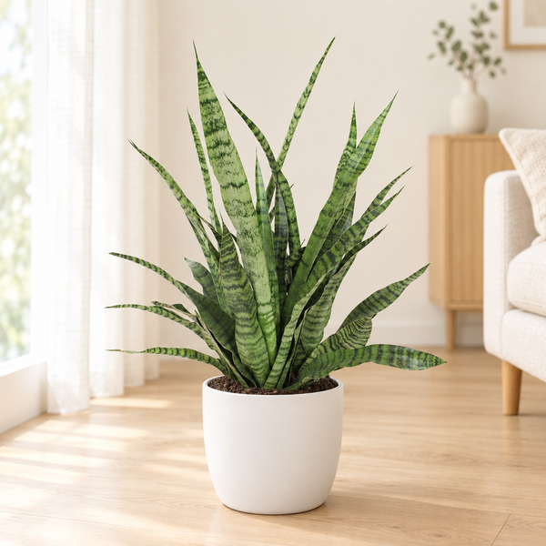Sansevieria Diamond Green in een matwitte keramische sierpot op een lichte eikenhouten vloer