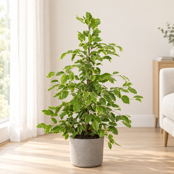 Ficus benjamina Goldenking in een grijze betonlook sierpot op een lichte eikenhouten vloer