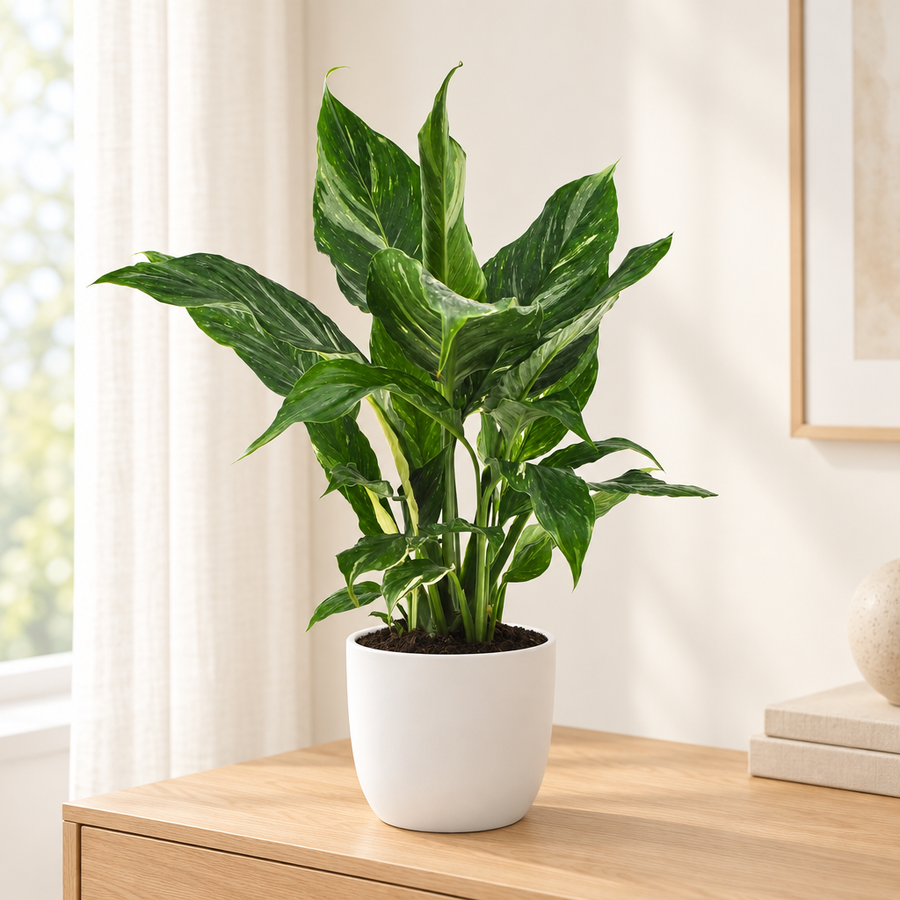 Spathiphyllum Diamond in een matwitte keramische sierpot op een licht eikenhouten dressoir