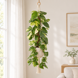 Epipremnum Pinnatum in een crèmewitte hangpot met macramé houder bij een raam