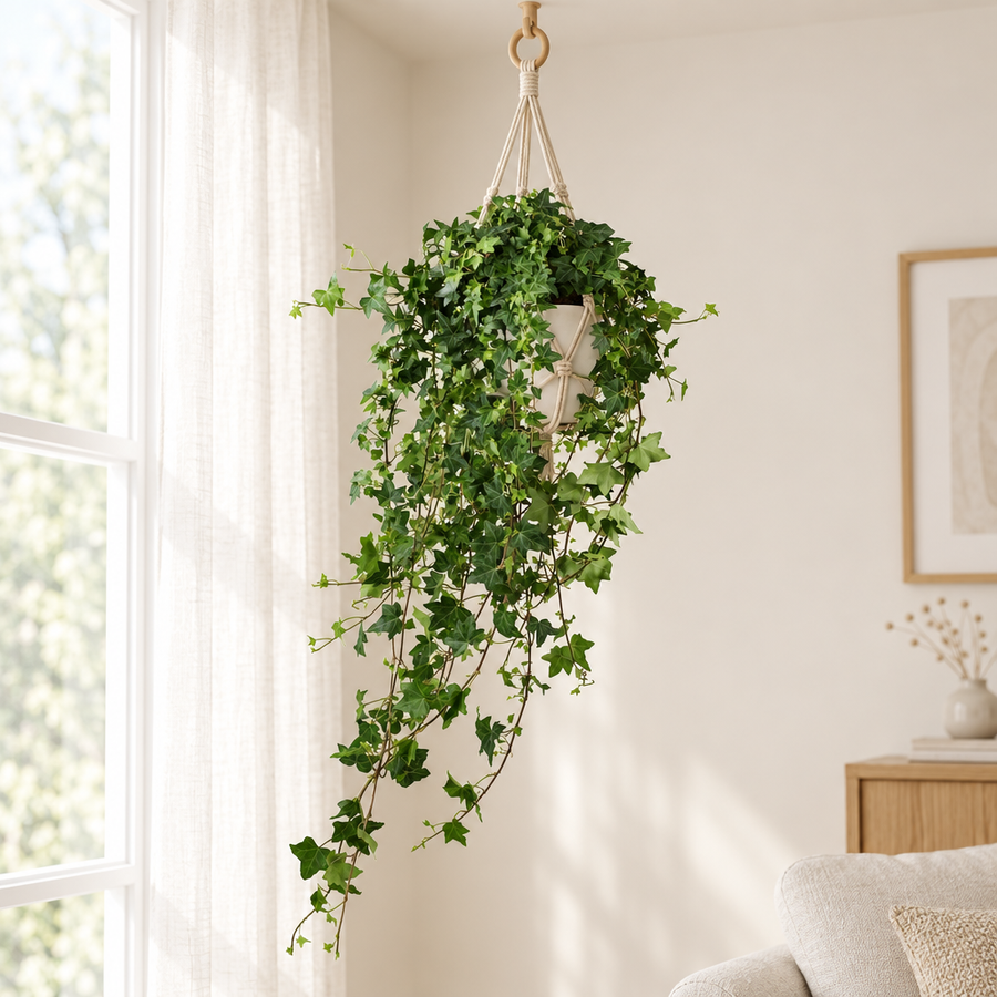 Hedera Helix Pitsburg in een crèmewitte hangpot met macramé houder bij een raam