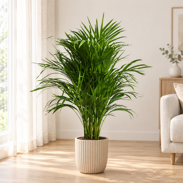 Dypsis Lutescens Areca palm in een beige geribbelde keramieken sierpot in een lichte woonkamer