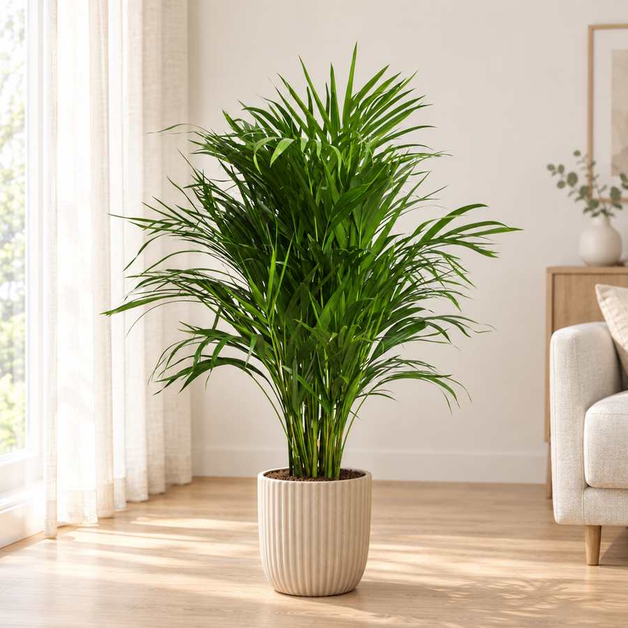 Dypsis Lutescens Areca palm in een beige geribbelde keramieken sierpot in een lichte woonkamer