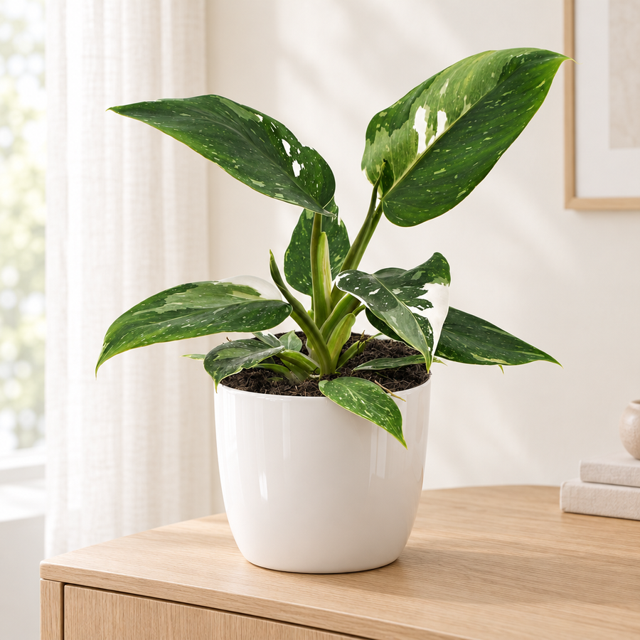 Philodendron White Princess in een witte hoogglans keramieken sierpot op een licht eiken dressoir in een lichte woonkamer