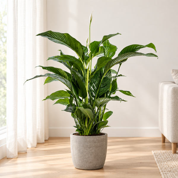 Spathiphyllum Bellini in een grijze betonlook plantenpot in een lichte woonkamer