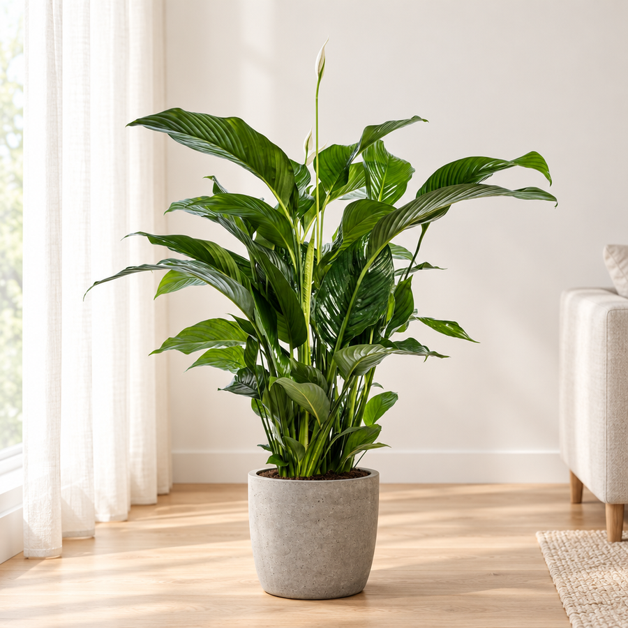 Spathiphyllum Bellini in een grijze betonlook plantenpot in een lichte woonkamer