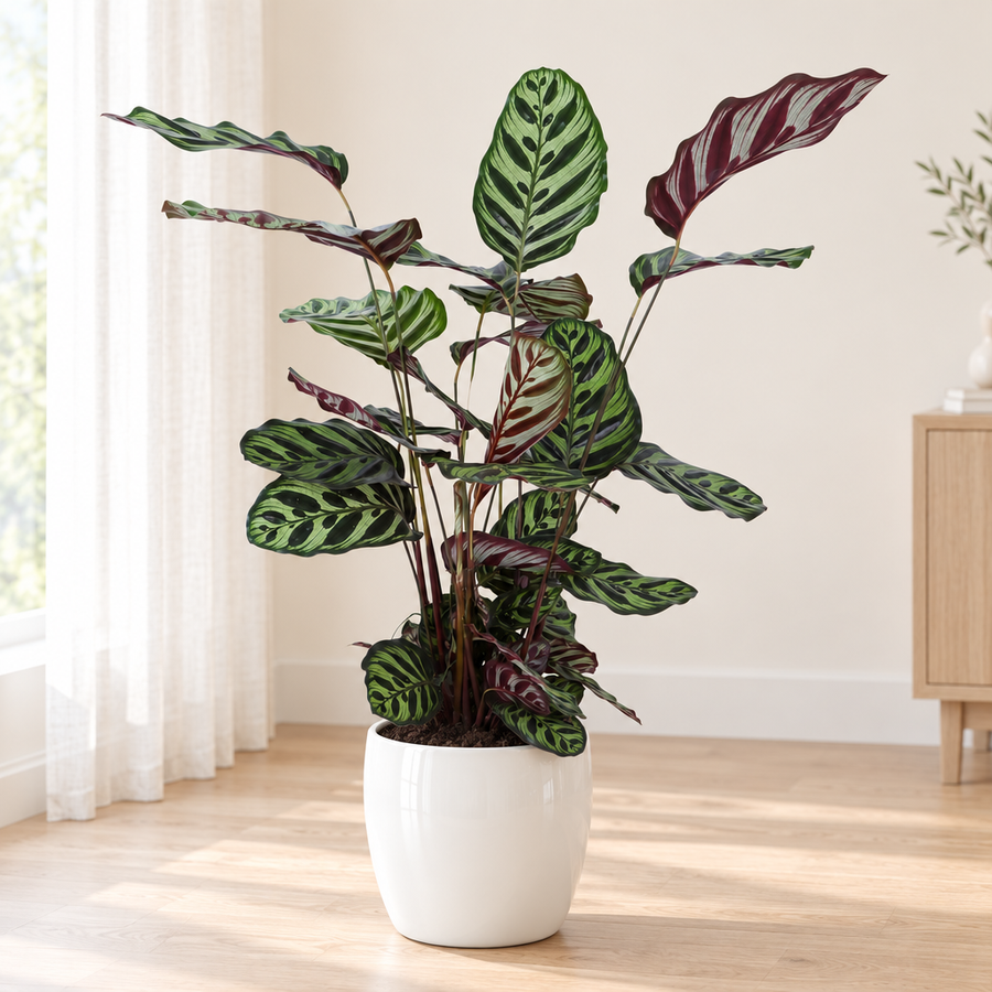 Calathea Makoyana in een witte hoogglans keramieken sierpot in een lichte woonkamer