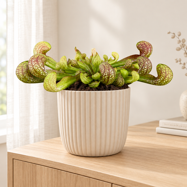Sarracenia Psittacina in een beige geribbelde sierpot in een lichte woonkamer