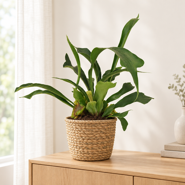 Platycerium Bifurcatum in een gevlochten zeegras plantenmand in een lichte woonkamer