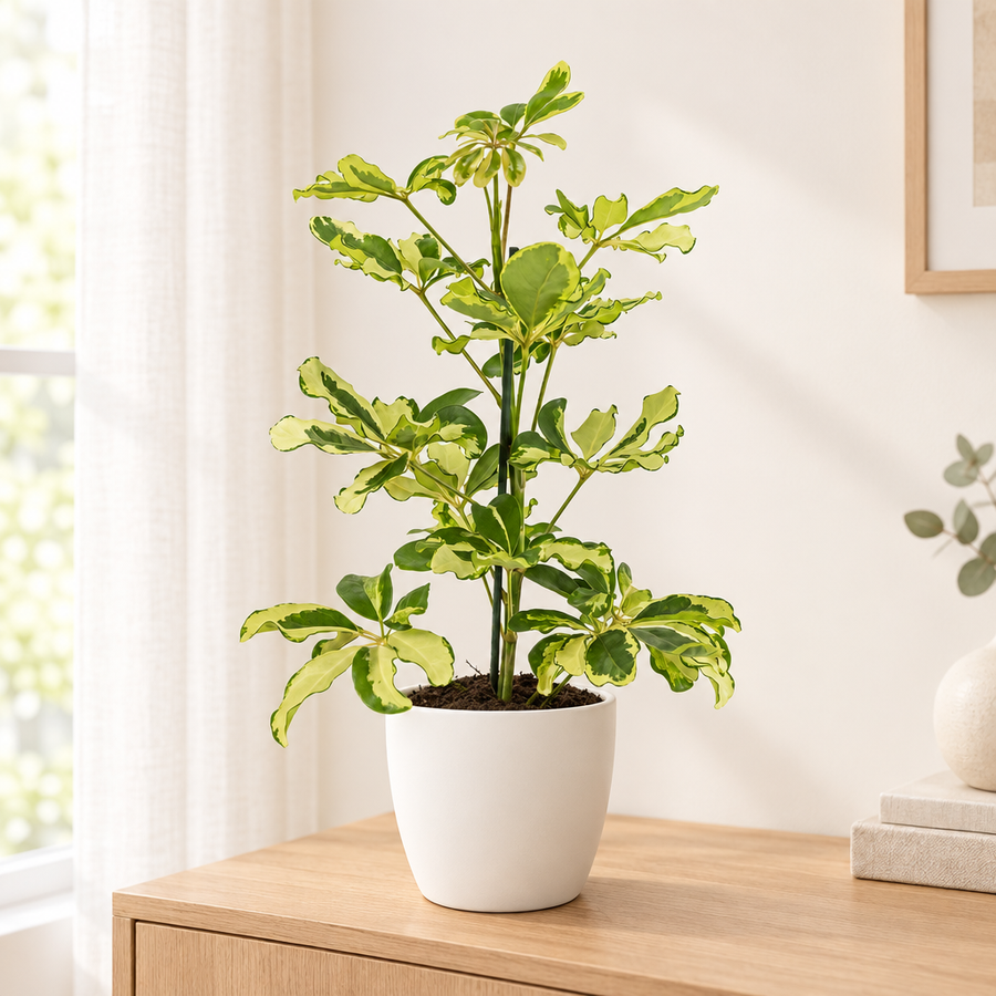 Schefflera Charlotte in een matwitte keramische sierpot in een lichte woonkamer