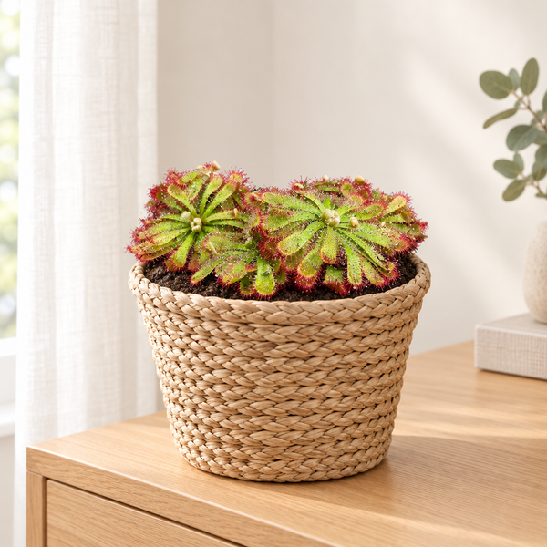 Drosera Aliciae in een gevlochten zeegras plantenmand in een lichte woonkamer