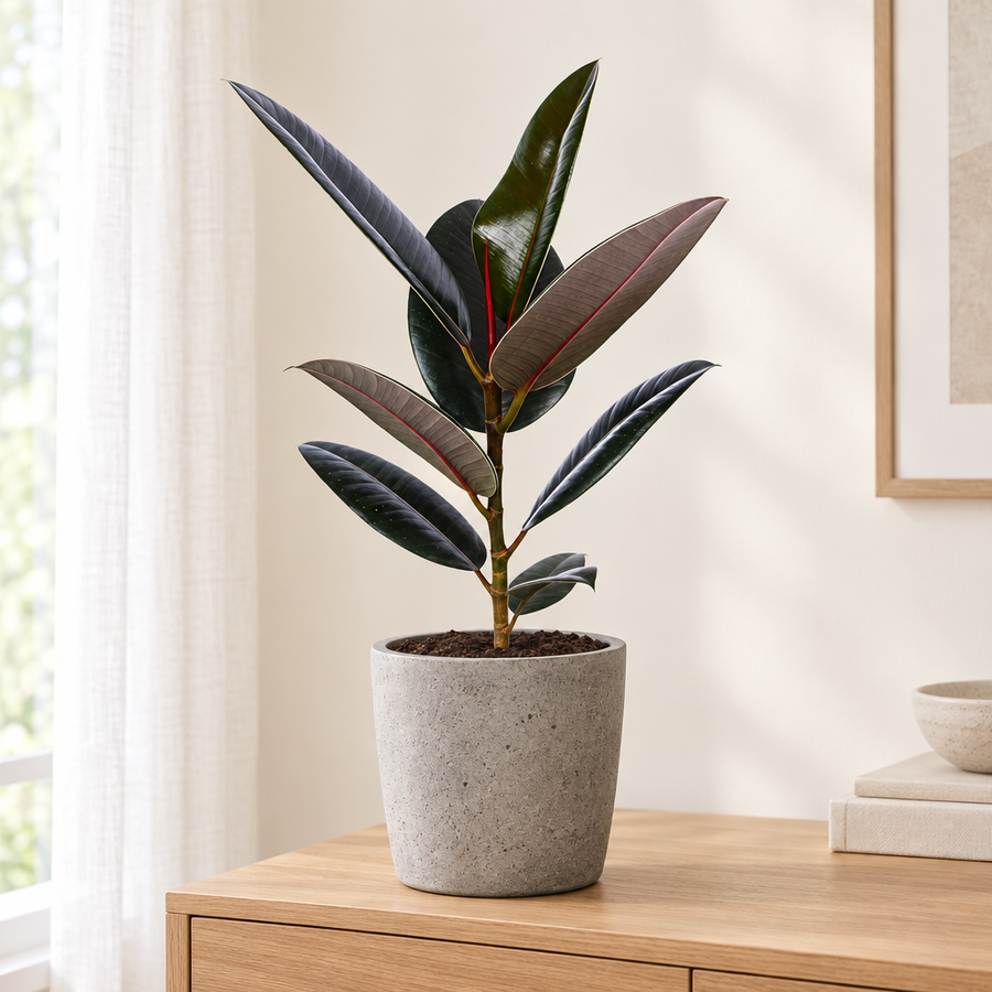 Ficus Elastica Abidjan in een grijze betonlook sierpot op een licht eikenhouten dressoir