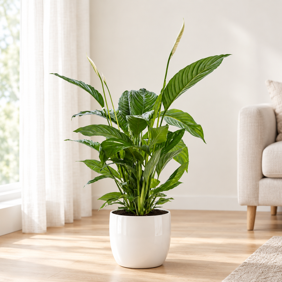 Spathiphyllum Bingo Cupido in een hoogglans witte keramieken pot op een lichte eikenhouten vloer in een lichte woonkamer
