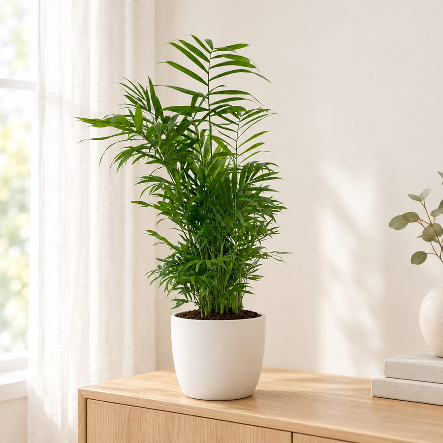 Chamaedorea Elegans in een matwitte keramieken pot op een licht eikenhouten dressoir in een lichte woonkamer
