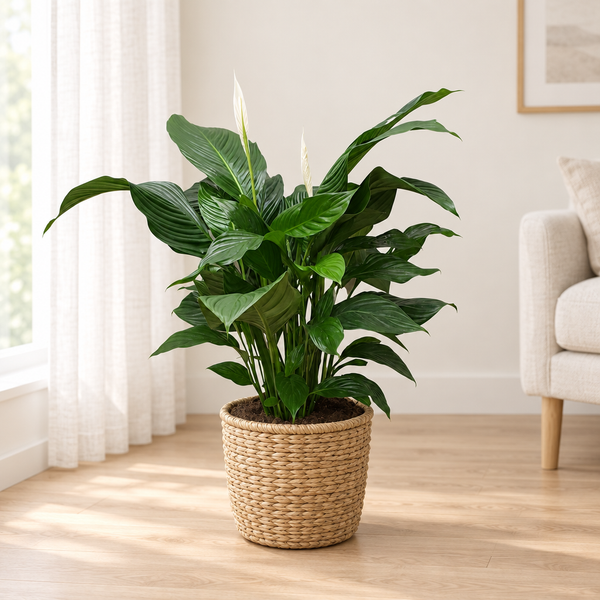 Spathiphyllum Sweet Silvana in een gevlochten zeegras mand op een lichte eikenhouten vloer in een lichte woonkamer