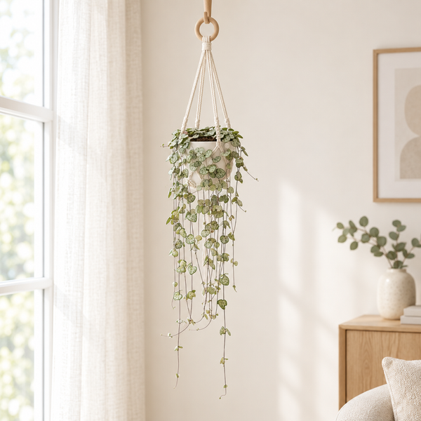 Ceropegia Woodii Hang in een roomwitte keramieken pot in een macramé hanger bij het raam in een lichte woonkamer
