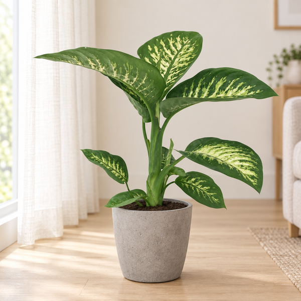 Dieffenbachia Seguine Tropic Snow in een grijze betonlook plantenpot op een lichte eikenhouten vloer in een lichte woonkamer