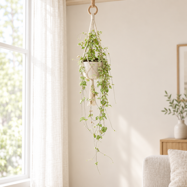 Ceropegia Linearis Iris in een crèmewitte hangpot met macramé ophanging bij een raam