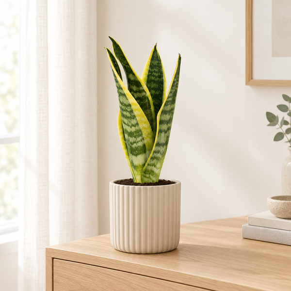 Sanseviera in een beige geribbelde sierpot in een lichte woonkamer