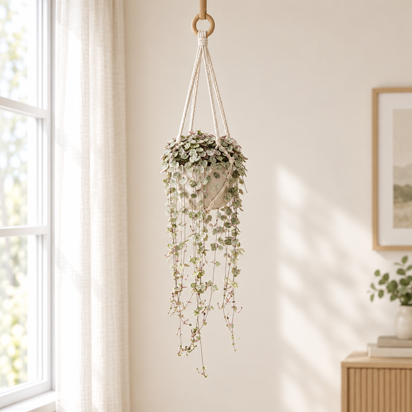 Ceropegia Woodii Variegata in een crèmewitte hangpot met macramé ophanging bij een raam
