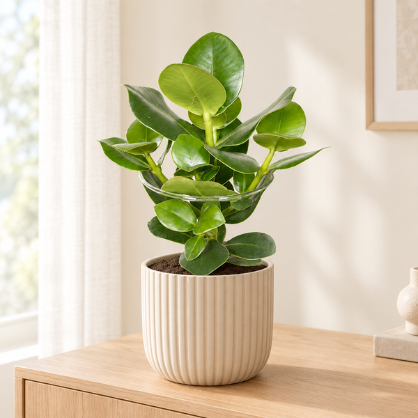 Clusia in een beige geribbelde sierpot in een lichte woonkamer
