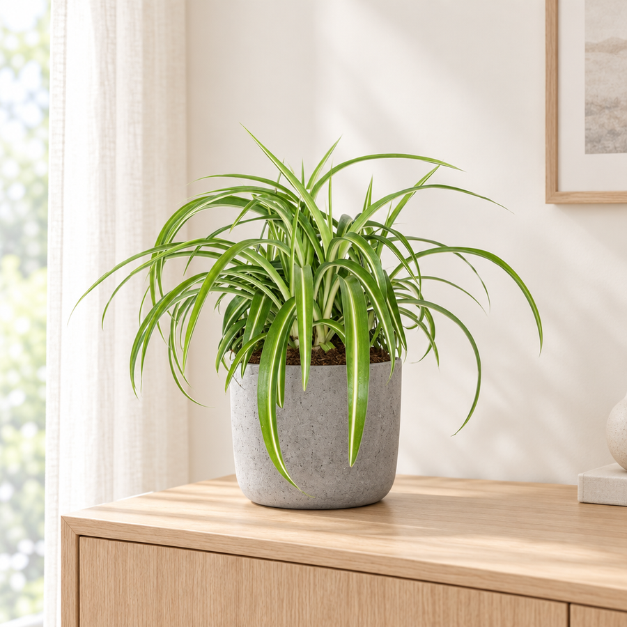 Chlorophytum Comosum Bonnie in een grijze betonlook plantenpot op een licht eiken dressoir in een lichte woonkamer