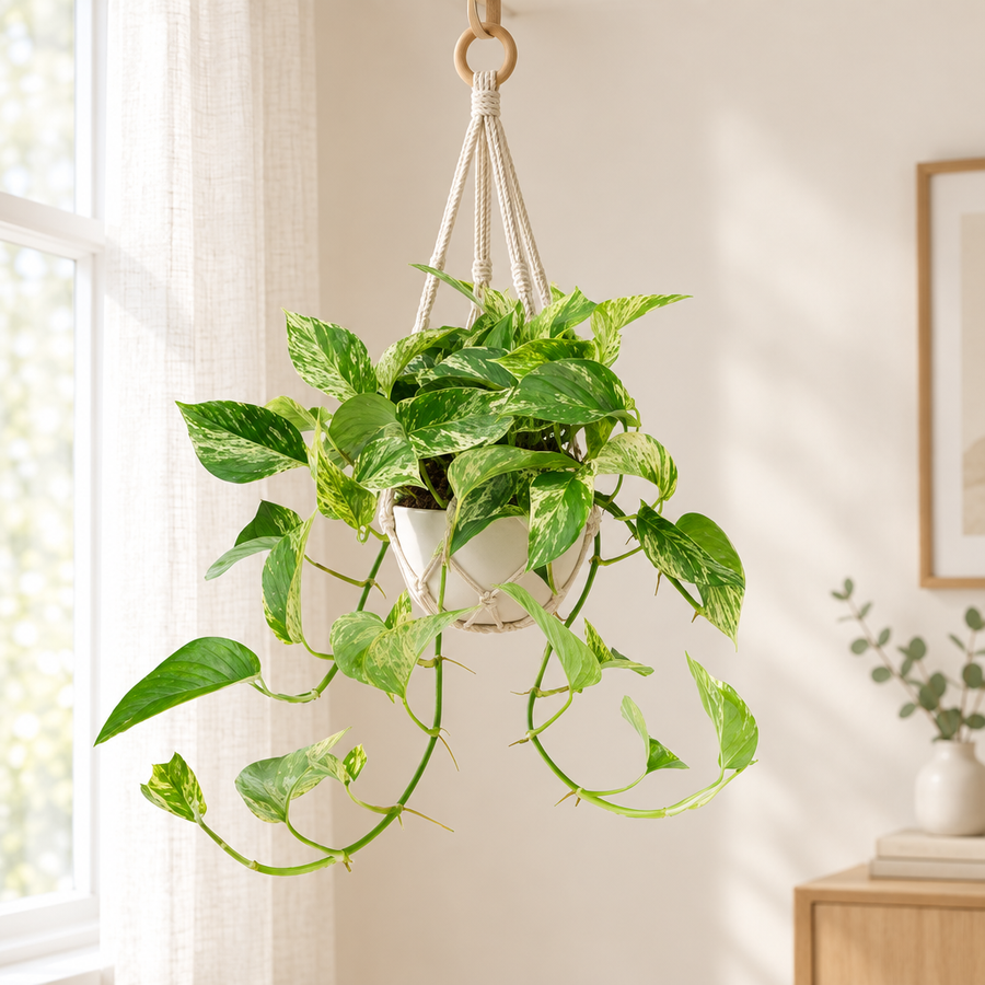 Epipremnum Marble Queen - Scindapsus in een crèmewitte hangpot met macramé ophanging in een lichte woonkamer