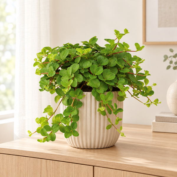Peperomia Rotundifolia in een beige geribbelde sierpot in een lichte woonkamer