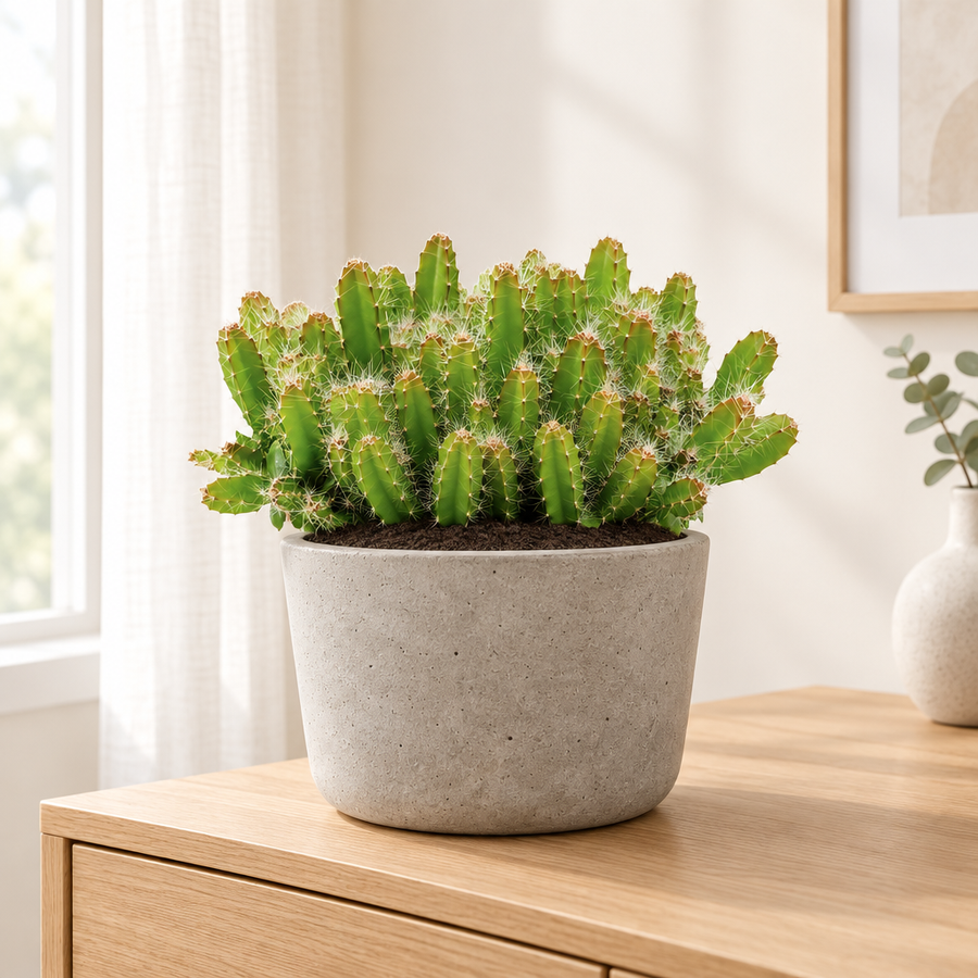 Hylocereus Undatus in een grijze betonlook plantenpot in een lichte woonkamer