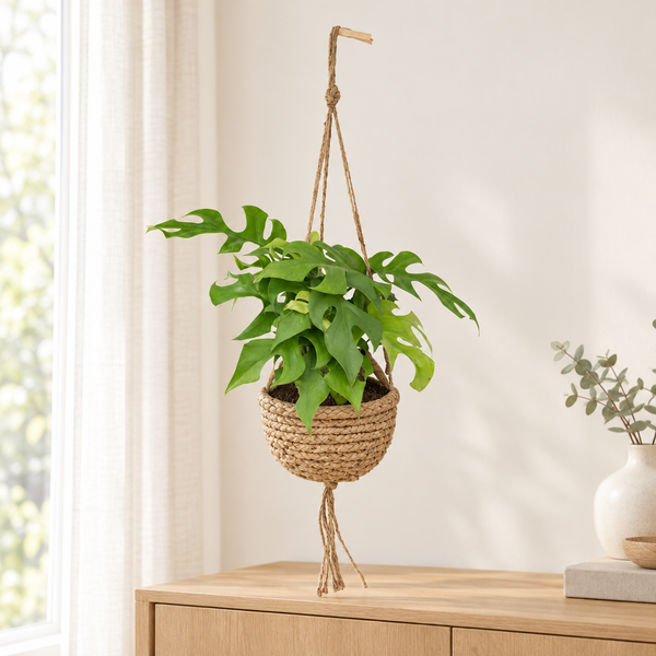 Kokodama Monstera Minima in een zeegras mand in een lichte woonkamer