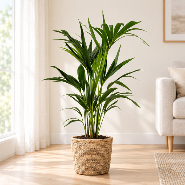 Howea Forsteriana in een natuurlijke gevlochten zeegras mand op een licht eiken vloer in een lichte woonkamer