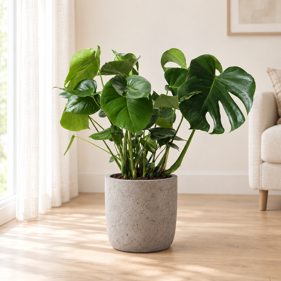 Monstera in een grijze betonlook plantenbak op een licht eiken vloer in een lichte woonkamer
