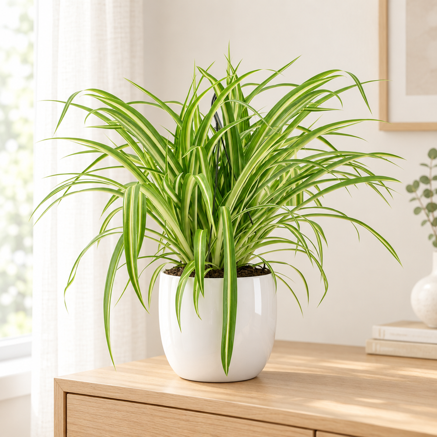 Chlorophytum Comosum Variegatum in een witte hoogglans keramieken pot op een licht eiken dressoir in een lichte woonkamer