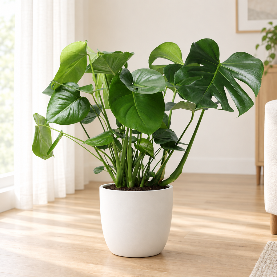 Monstera in een matwitte keramieken sierpot op een licht eiken vloer in een lichte woonkamer