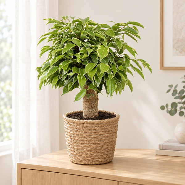 Ficus Benjamina Kinky in een natuurlijke gevlochten zeegras mand op een licht eiken dressoir in een lichte woonkamer