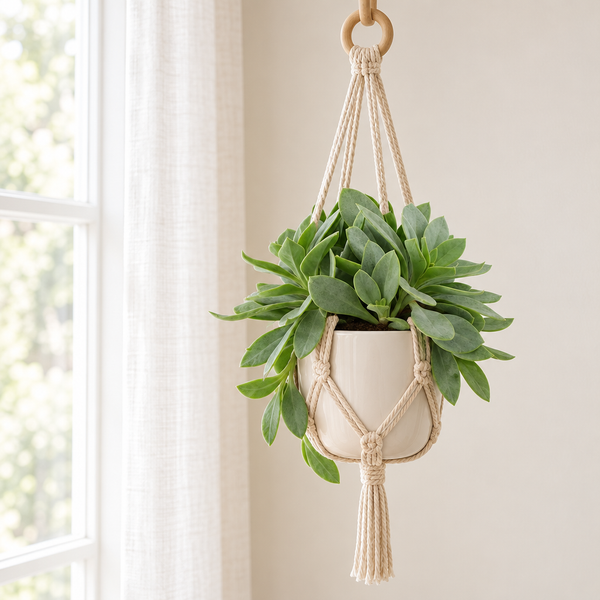 Senecio Cephalophorus in een crèmewitte pot in een macramé hanger bij het raam in een lichte woonkamer