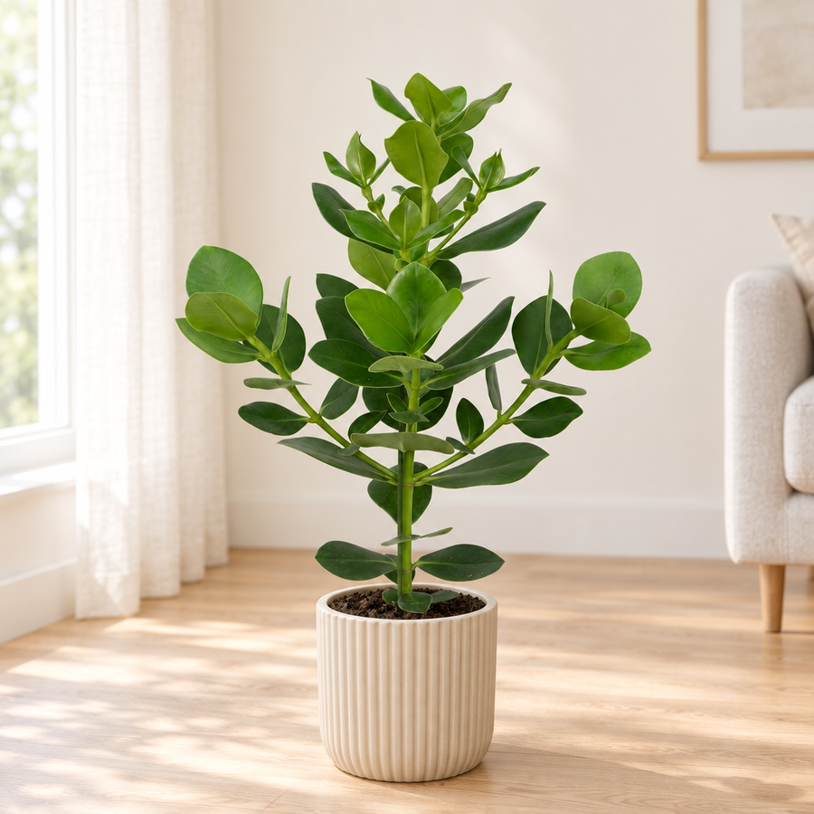 Clusia Rosea Princess in een beige geribbelde sierpot op een licht eiken vloer in een lichte woonkamer