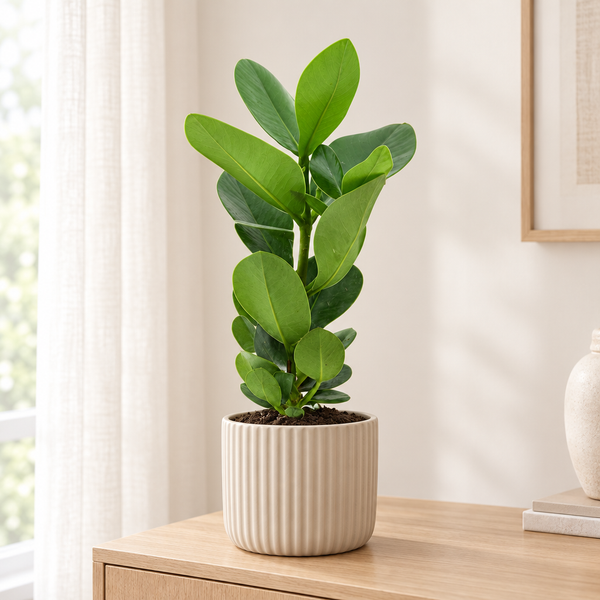 Clusia In Cylinder Glas in een beige geribbelde sierpot in een lichte woonkamer