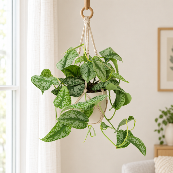 Scindapsus Pictus Trebie in een crèmewitte hangpot met macramé ophanging in een lichte woonkamer