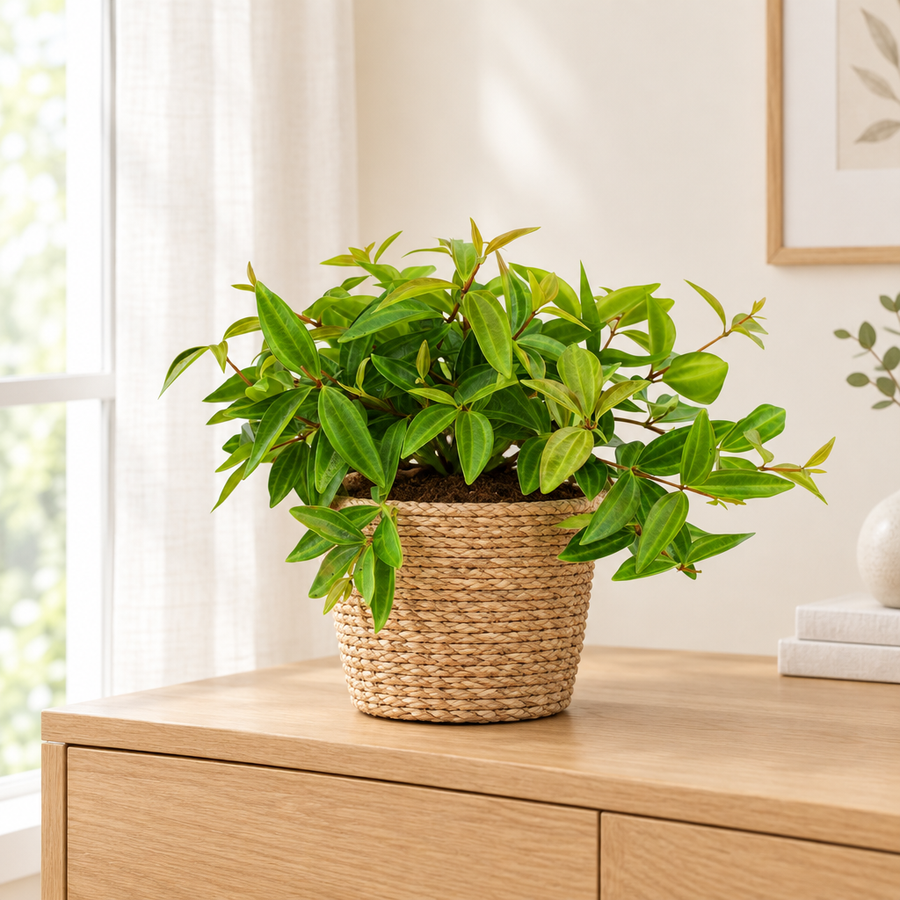 Peperomia Ang. Rocca Vivace in een zeegras mand in een lichte woonkamer