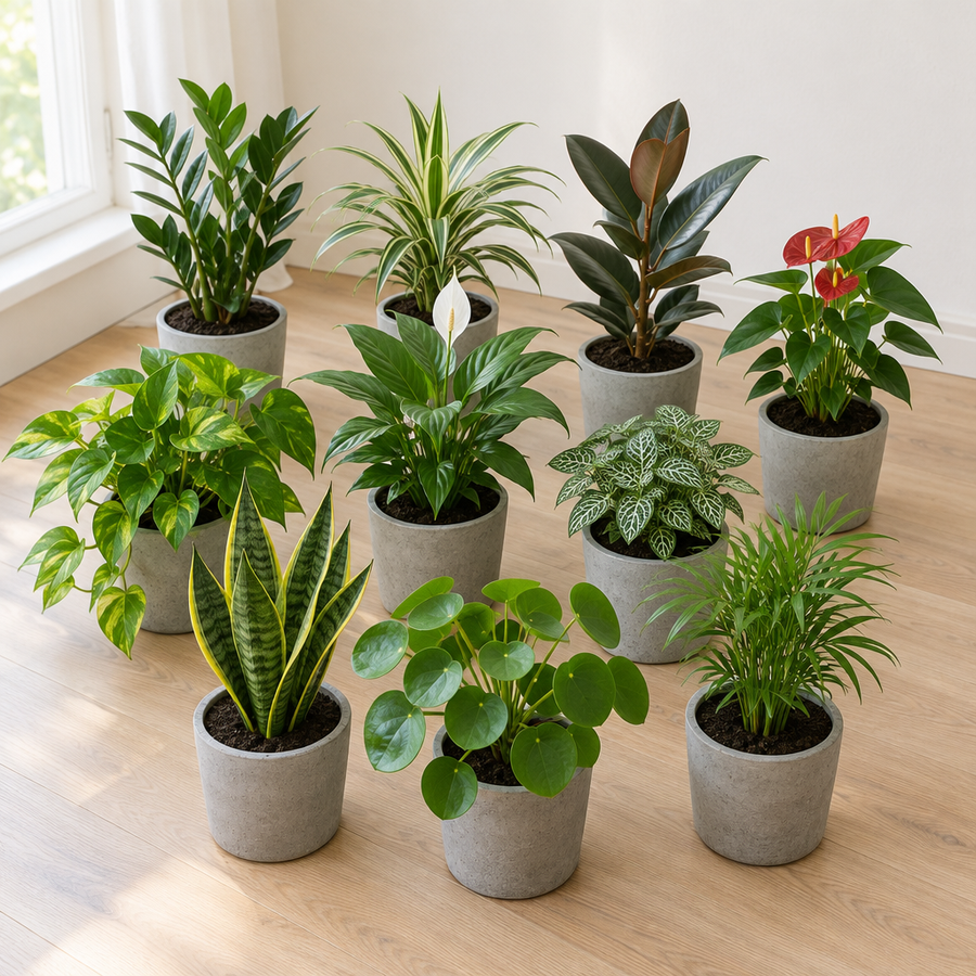 Outsider box met 10 verschillende kamerplanten in grijze betonlook potten