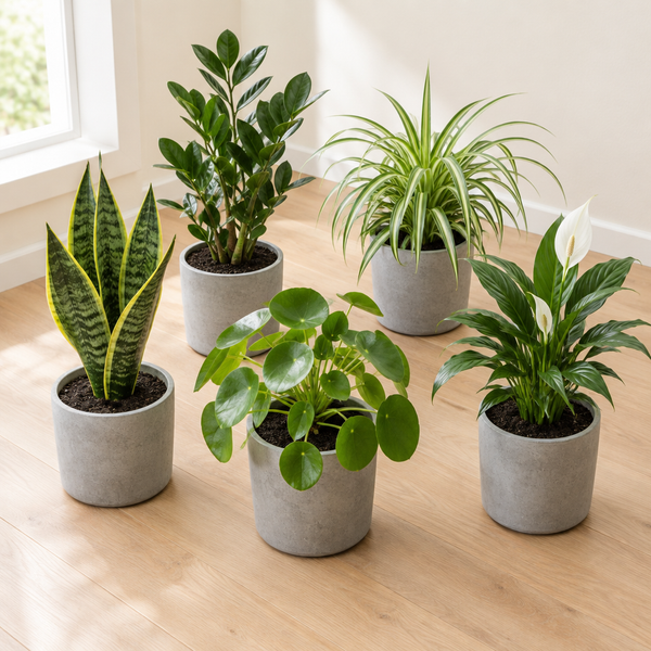 Surprise box met 5 verschillende kamerplanten in grijze betonlook potten