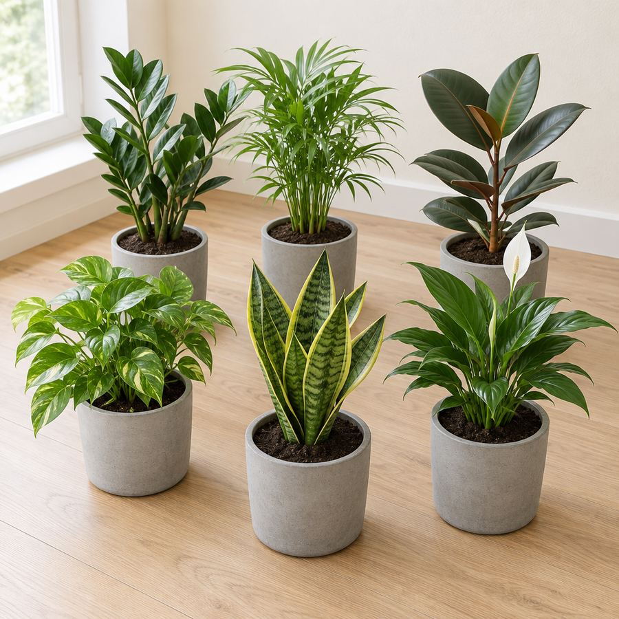 Surprise box met 6 verschillende kamerplanten in grijze betonlook potten