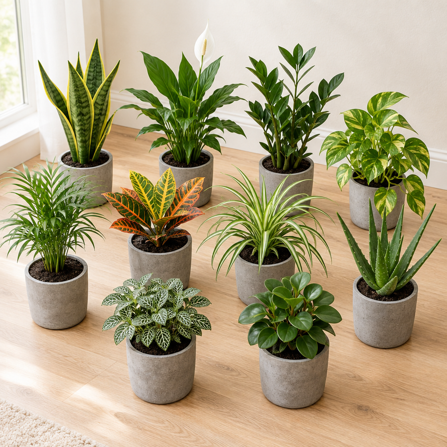 Surprise box met 10 verschillende kamerplanten in grijze betonlook potten