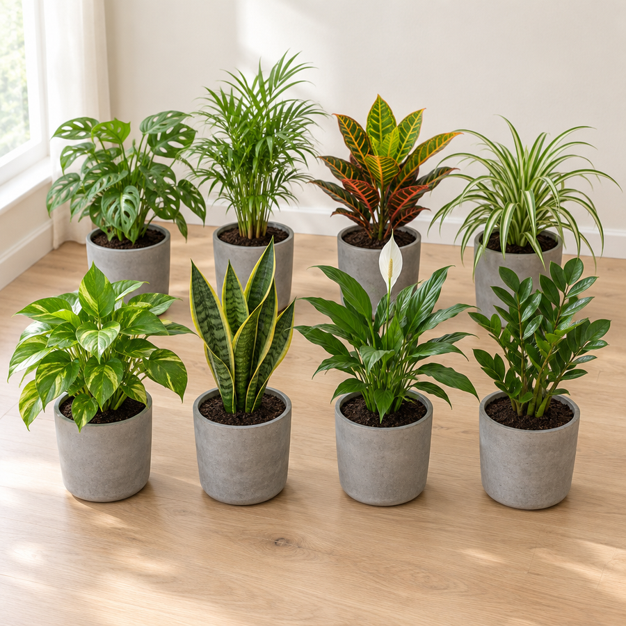 Outsider box met 8 verschillende kamerplanten in grijze betonlook potten