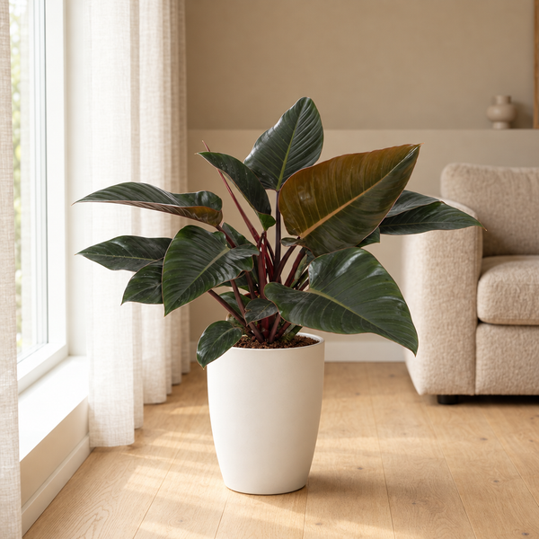 Philodendron Congo Red in een sfeervolle, lichte woonkamer