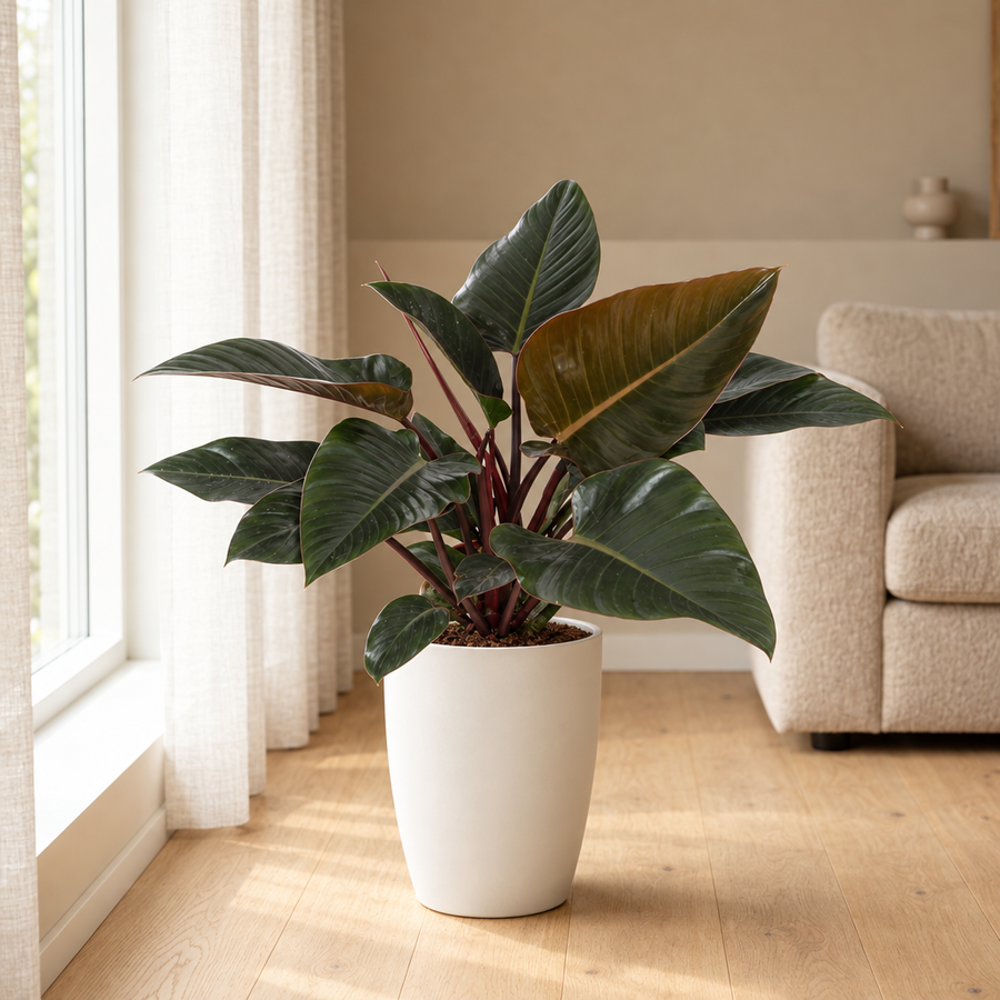 Philodendron Congo Red in een sfeervolle, lichte woonkamer